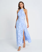 Blue Jacquard Maxi Dress with Mock Neck