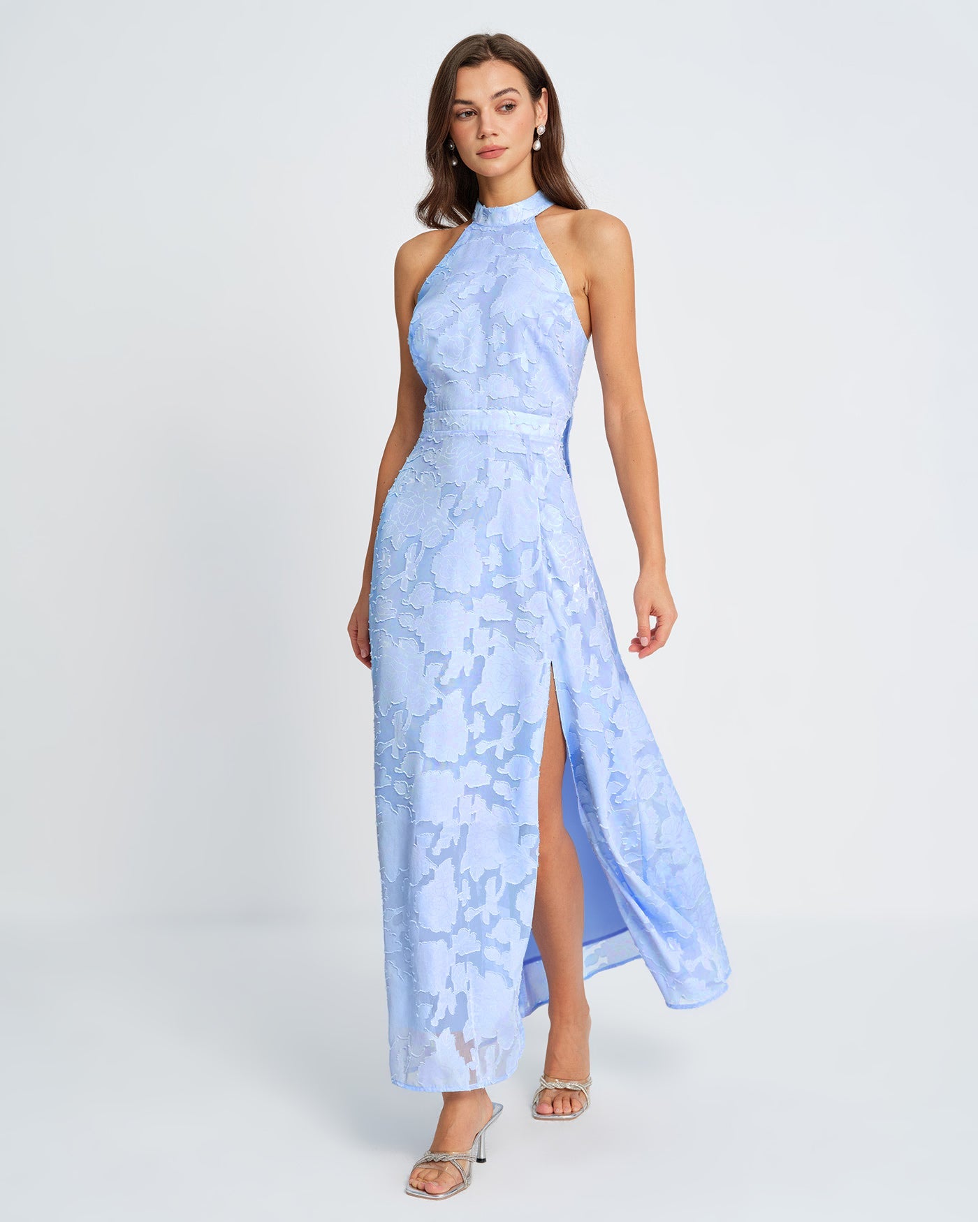 Blue Jacquard Maxi Dress with Mock Neck