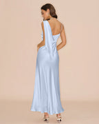 Flowy Satin Maxi Dress in Blue with Square Neckline