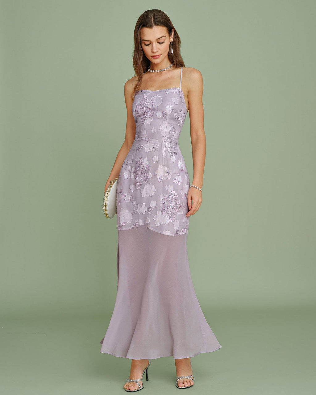 Jacquard Maxi Dress with Purple Sequin Detail