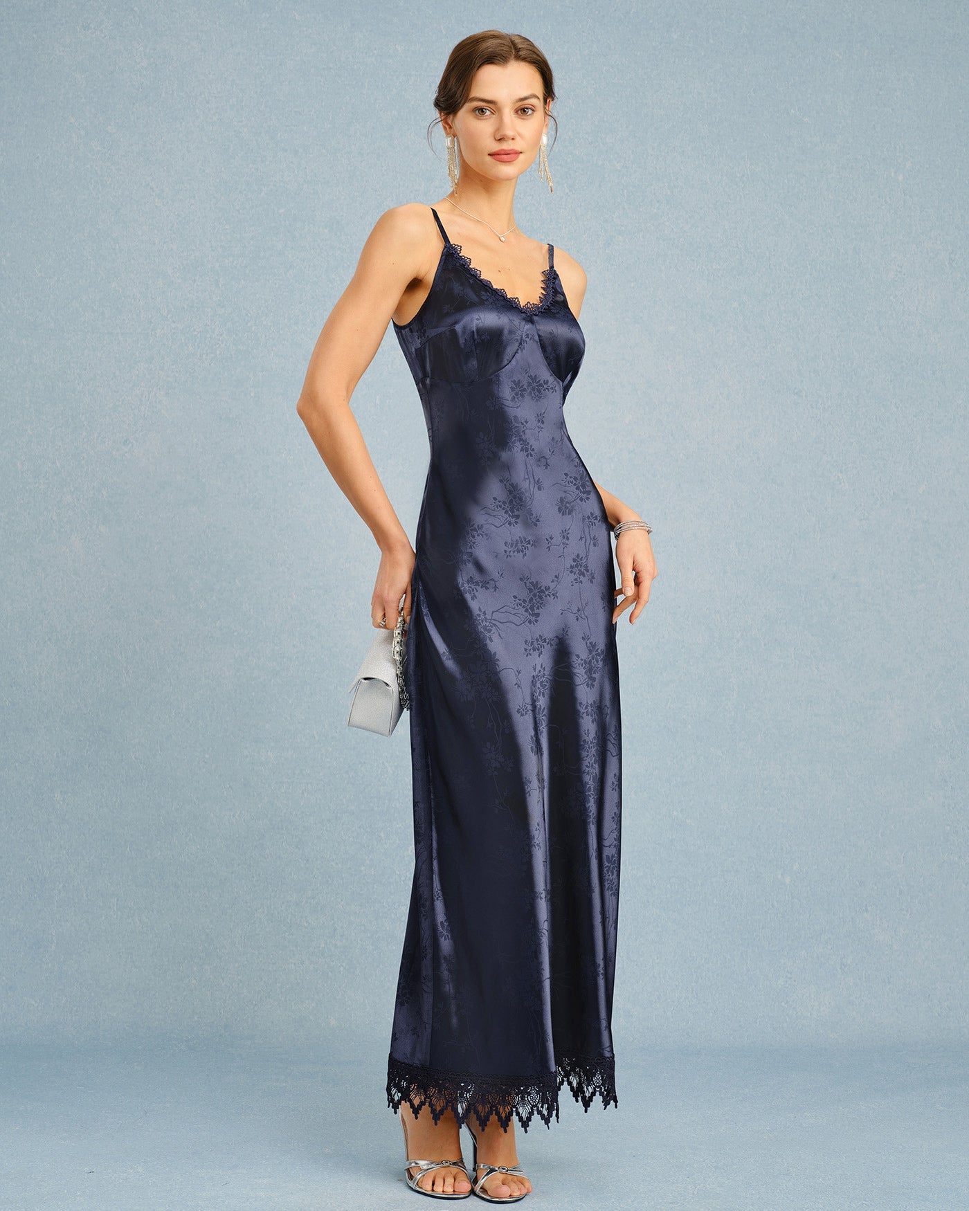 Navy Jacquard Lace Maxi Slip Dress