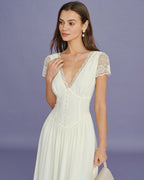 Maxi Dress with Apricot V-Neck and Lace Accents