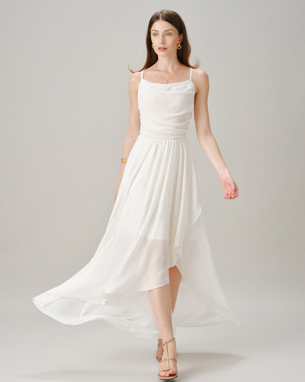 Beige Cross-Back Chiffon Maxi Dress