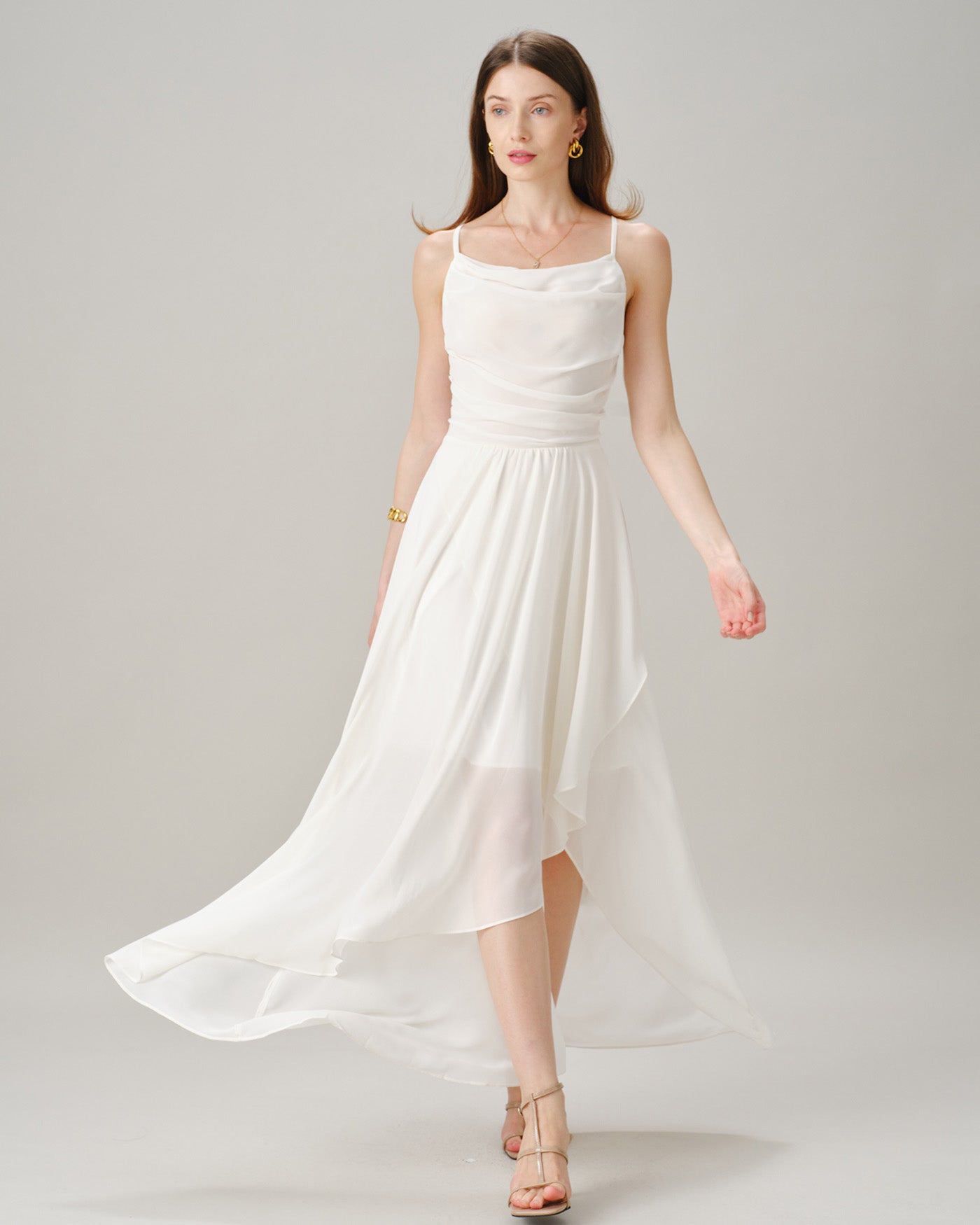 Beige Cross-Back Chiffon Maxi Dress
