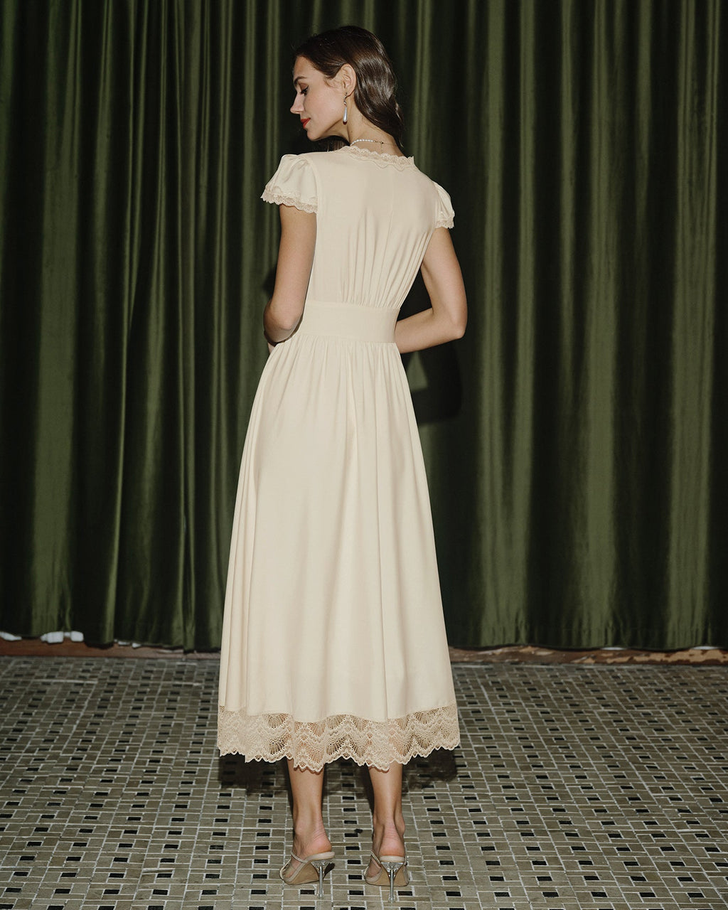 Apricot Lace Maxi Dress with V-Neck