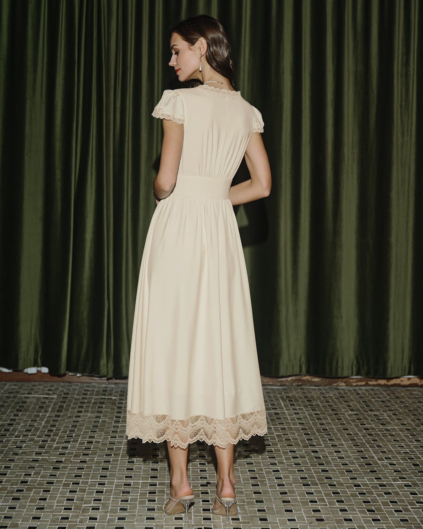 Apricot Lace Maxi Dress with V-Neck