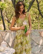 Floral Ruffle Maxi Dress in Green with V-Neck