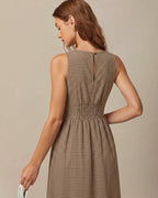 Plaid Maxi Dress in Brown with V-Neck Design