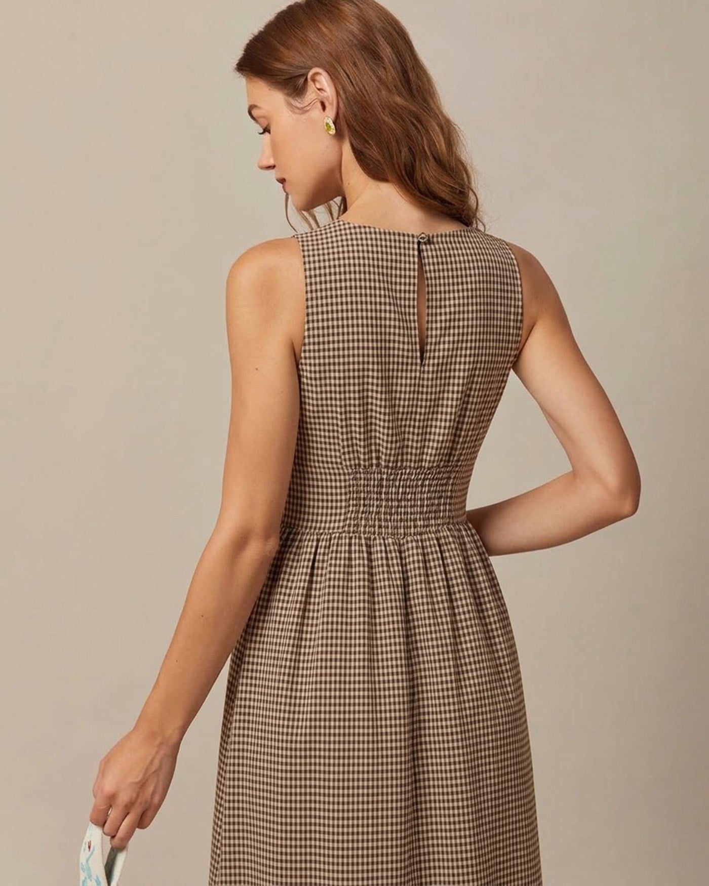 Plaid Maxi Dress in Brown with V-Neck Design