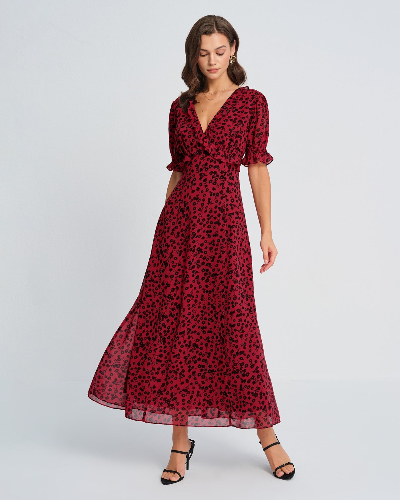 Floral Maxi Dress with V-Neck in Red