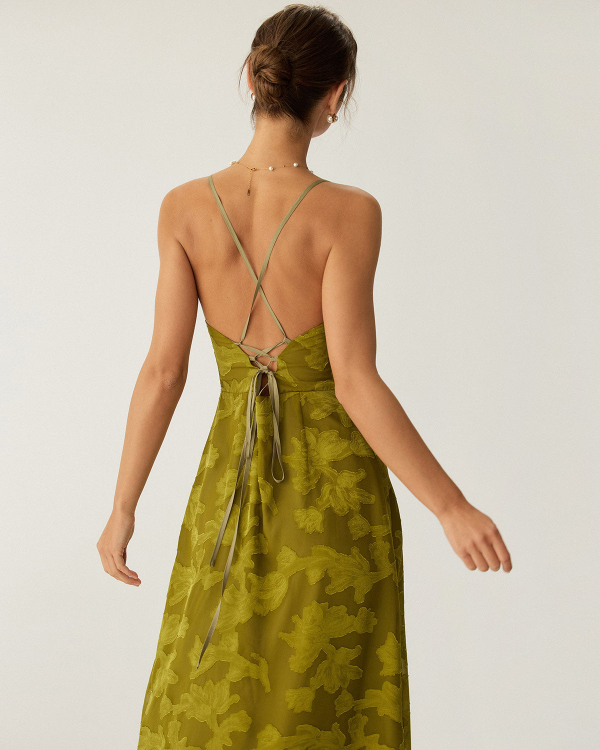 Backless Maxi Dress with Green Floral Ruched Design