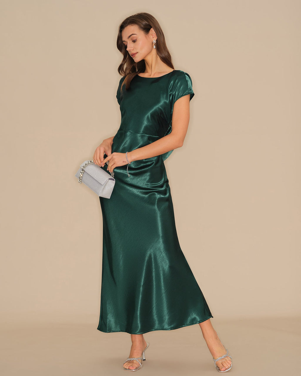 Emerald Satin Maxi Dress with Tie Detail