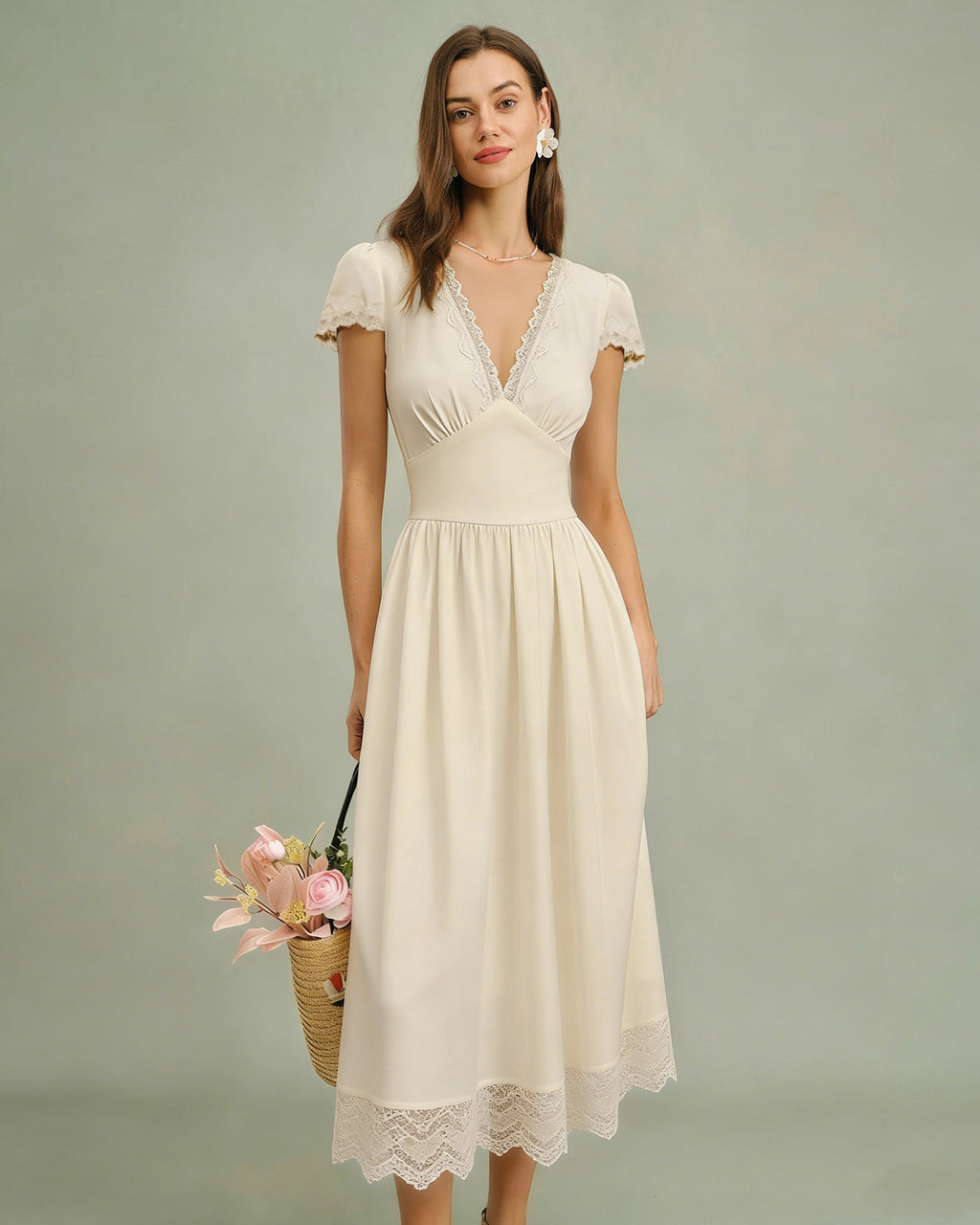 Apricot Lace Maxi Dress with V-Neck