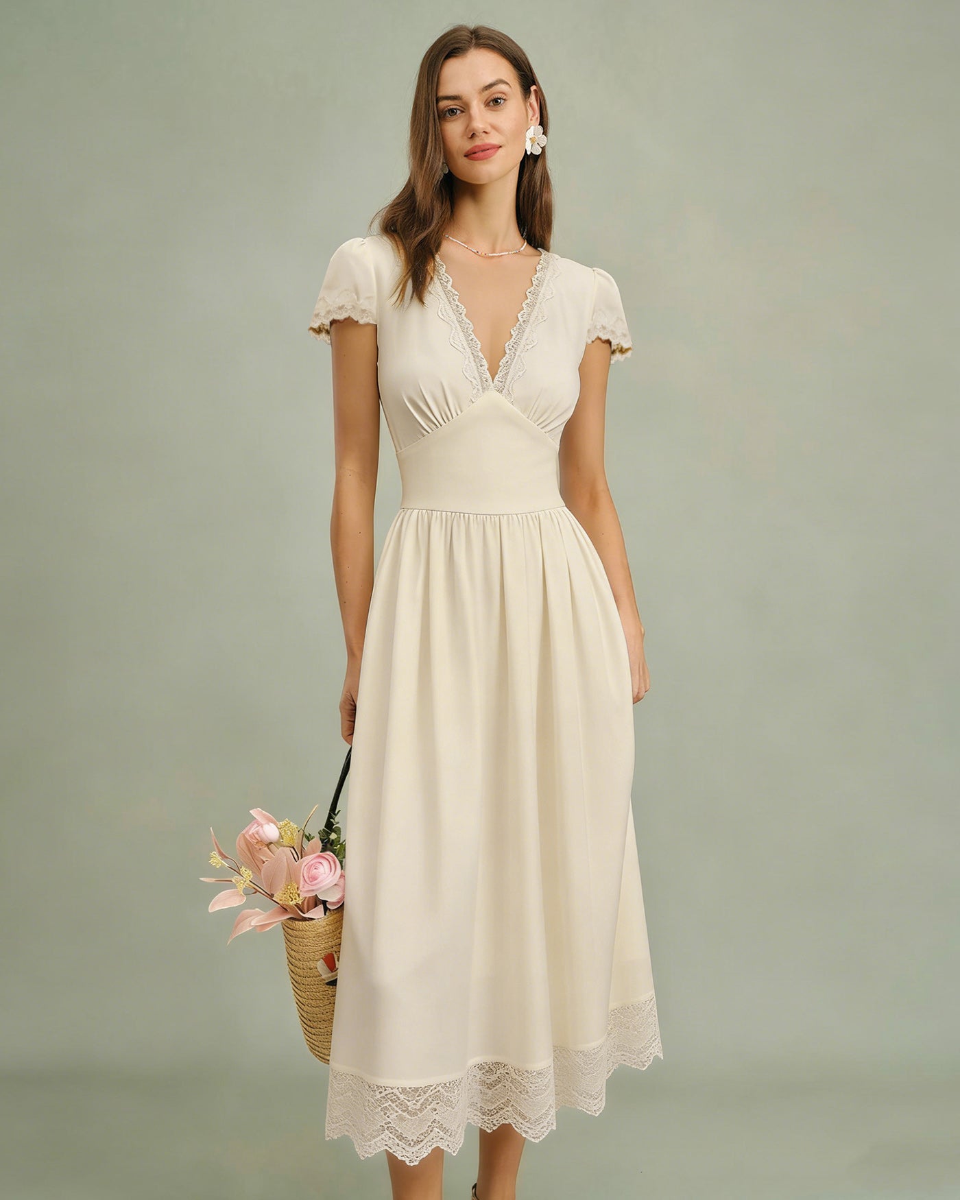 Apricot Lace Maxi Dress with V-Neck