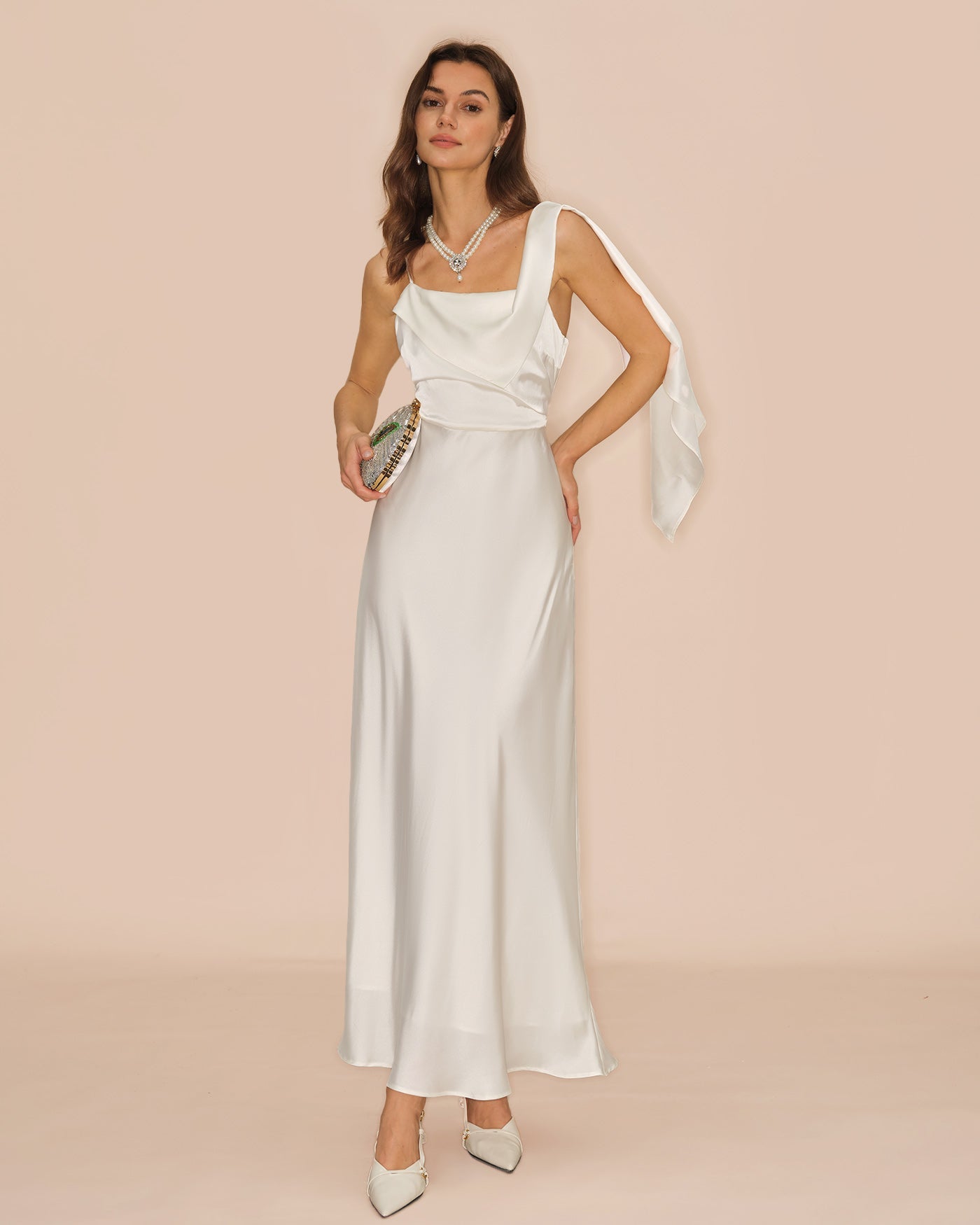 Off-White Satin Maxi Dress with Square Neckline
