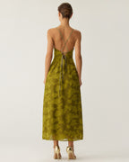 Backless Maxi Dress with Green Floral Ruched Design