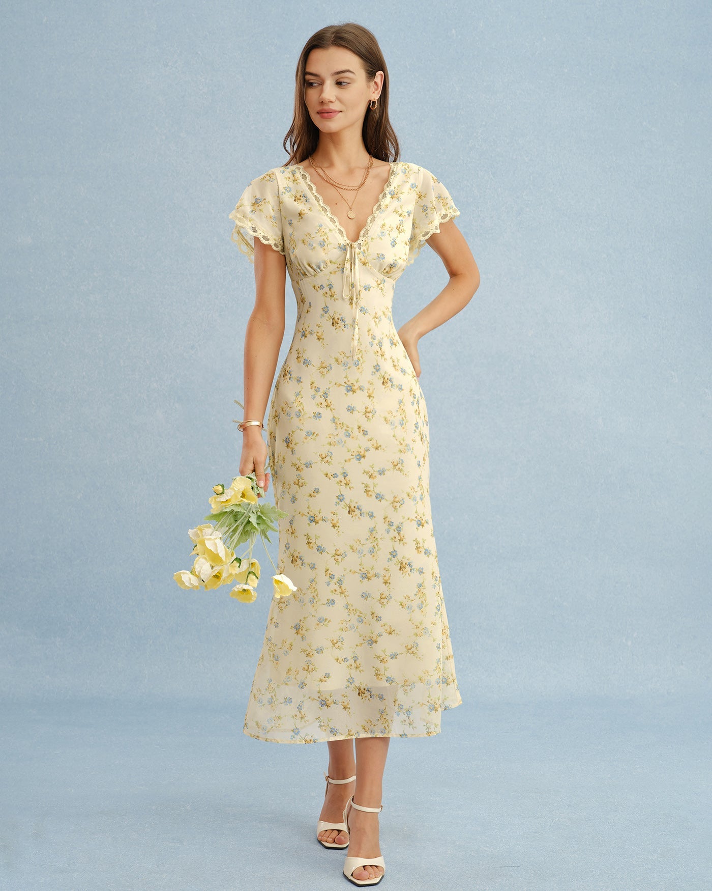 Floral Lace Maxi Dress with V-Neck in Yellow
