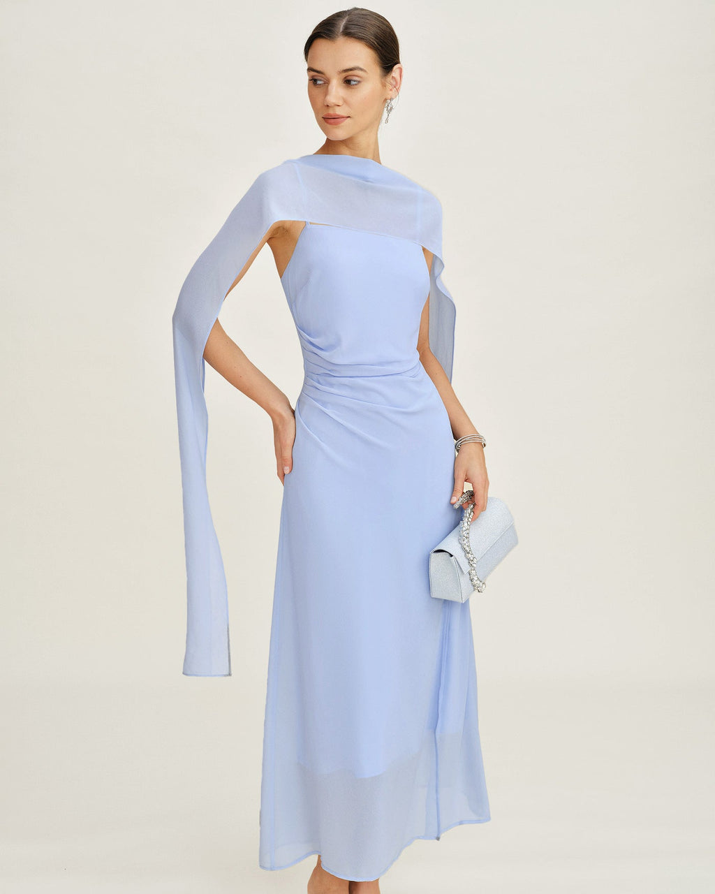 Chiffon Maxi Dress with Blue Cowl Neck and Straps