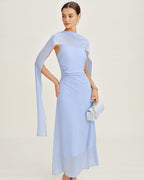 Chiffon Maxi Dress with Blue Cowl Neck and Straps