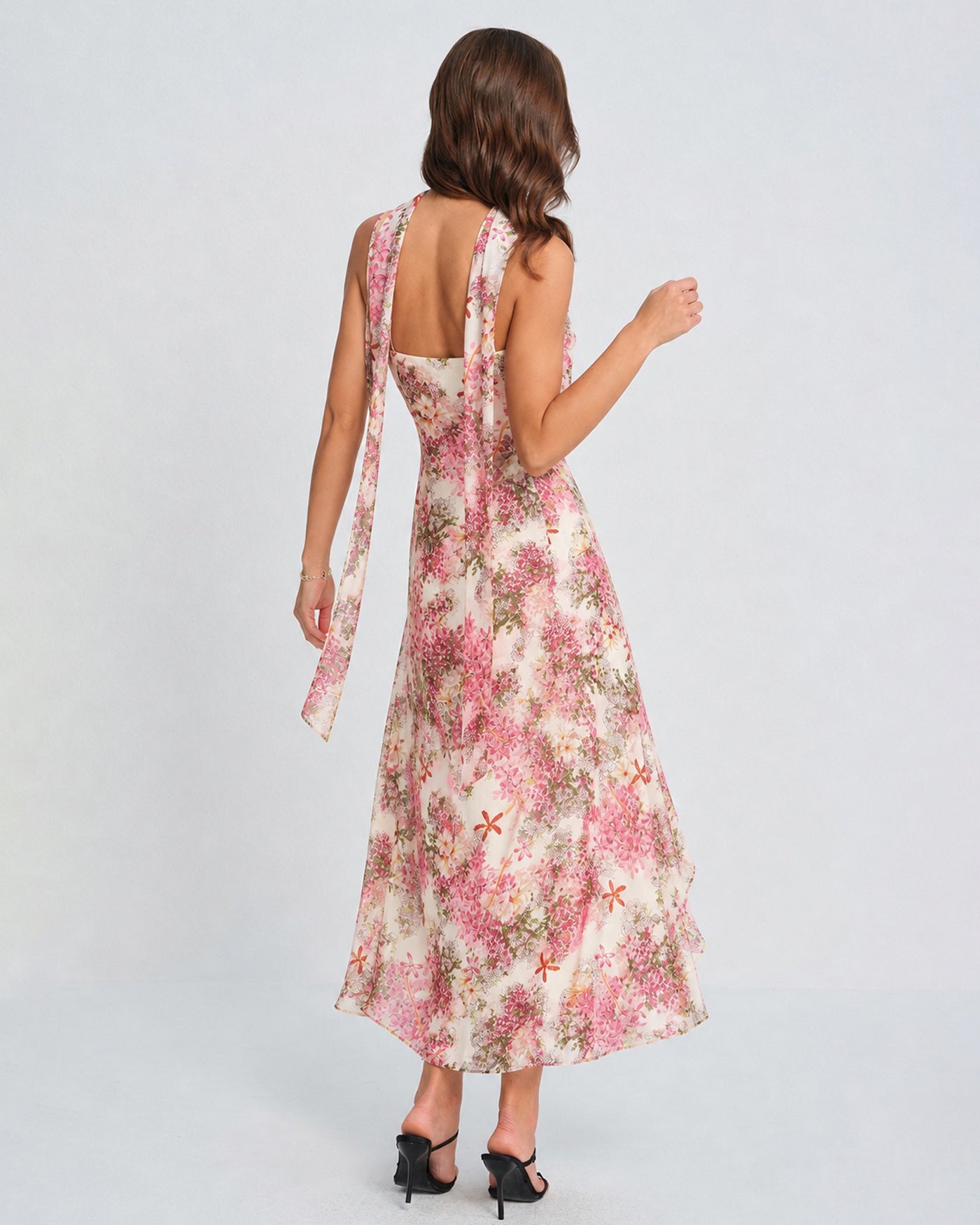 Floral Pink Chiffon Maxi Dress with Slip Design