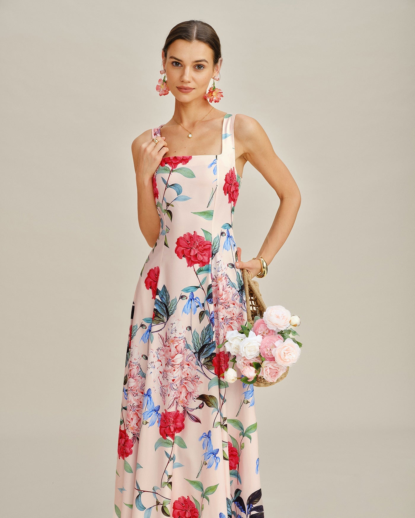 Sleeveless Maxi Dress with Floral A-Line Design