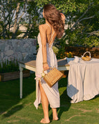 White Jacquard Square Neck Long Dress