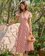 Floral Lace Maxi Dress with Red V-Neck