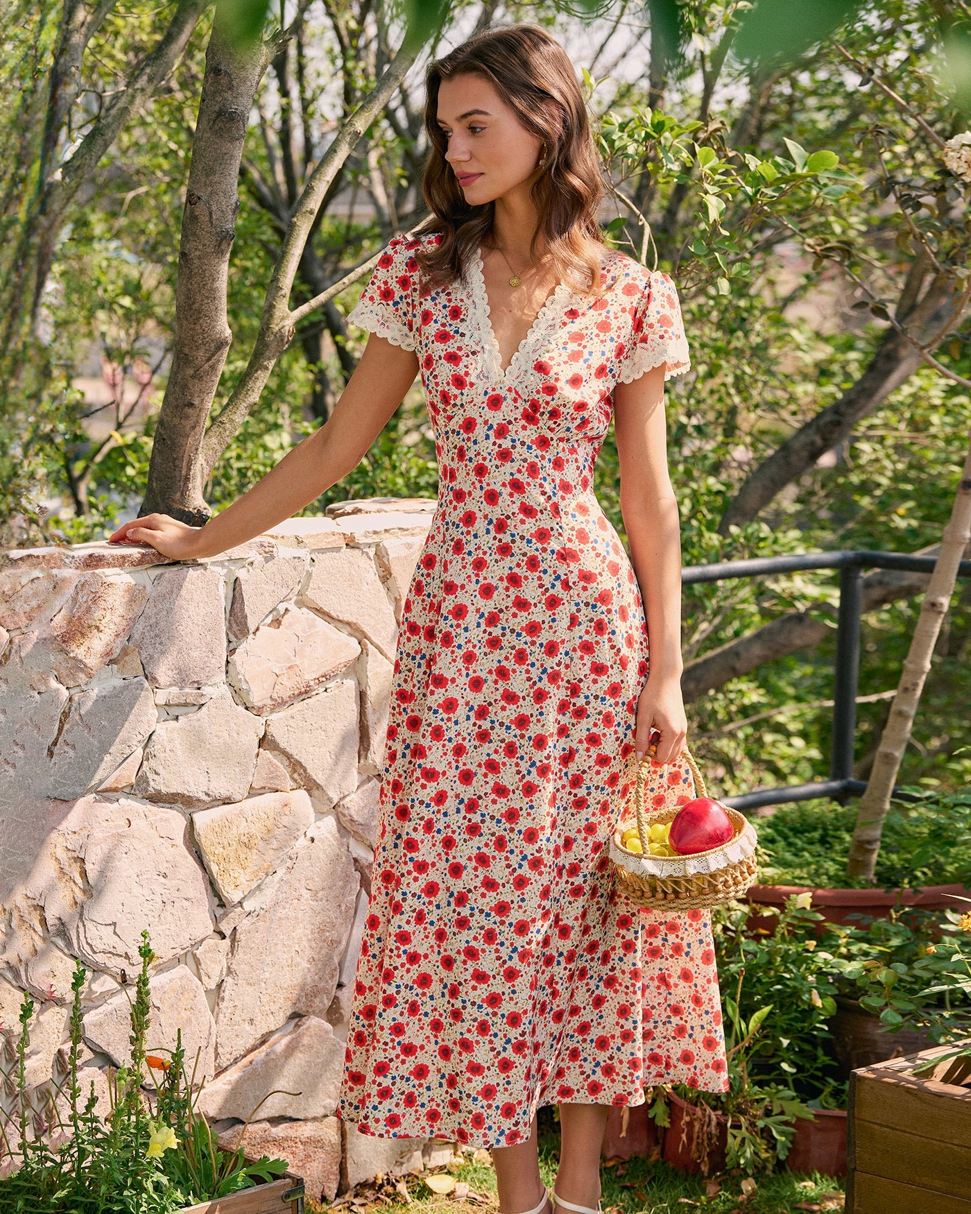 Floral Lace Maxi Dress with Red V-Neck