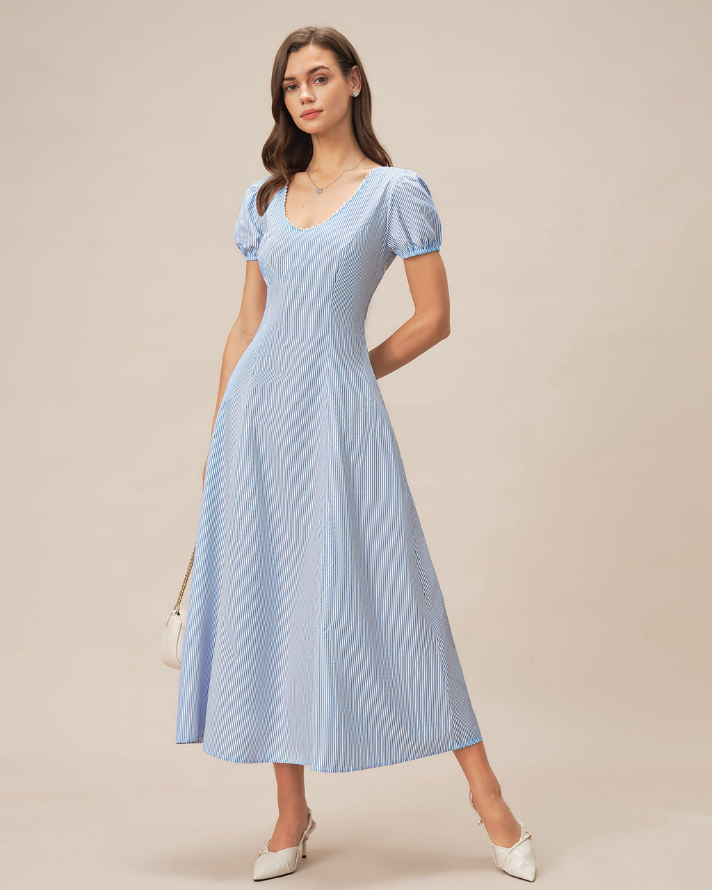 Striped Maxi Dress with Blue V-Neck and Puffed Sleeves