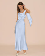 Flowy Satin Maxi Dress in Blue with Square Neckline