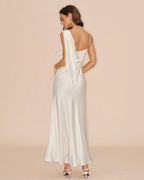 Off-White Satin Maxi Dress with Square Neckline