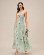 Floral Maxi Dress with Green Cowl Neck