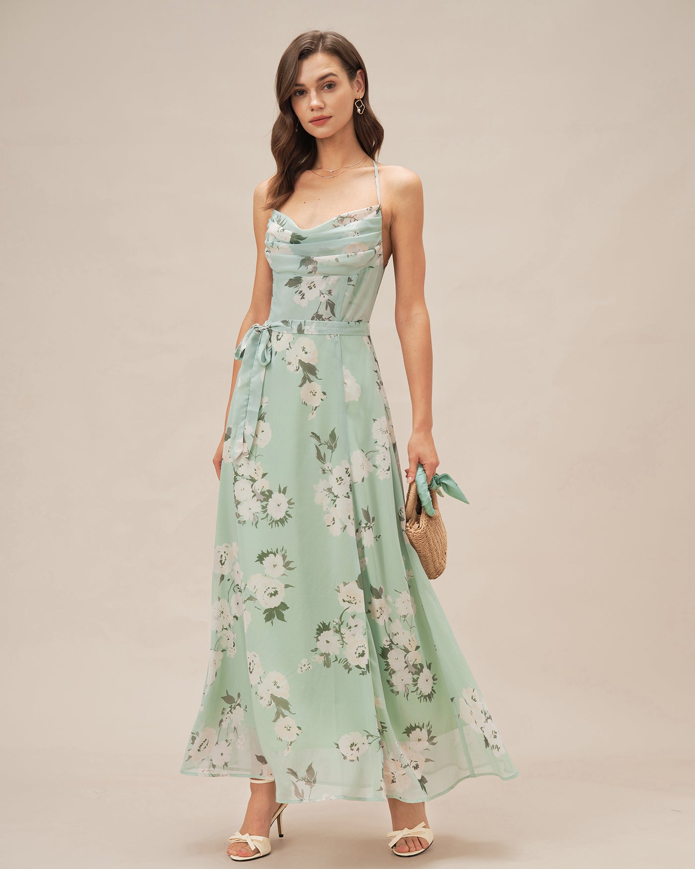Floral Maxi Dress with Green Cowl Neck