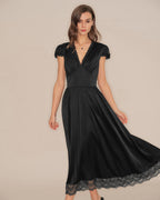 Maxi Dress with Black V-Neck and Lace Puffed Sleeves