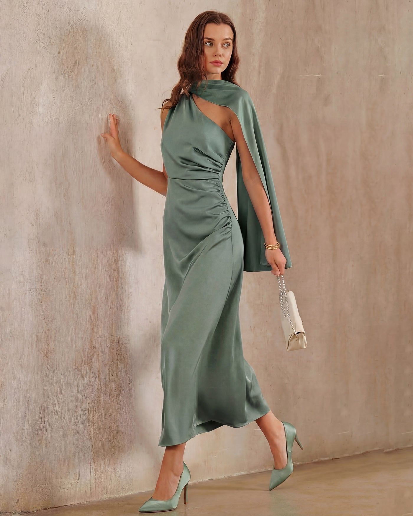 Emerald Satin Asymmetrical Maxi Dress