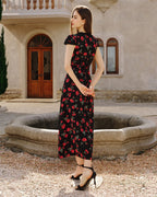 Floral Print V-Neck Maxi Dress in Black