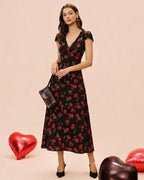 Floral Print V-Neck Maxi Dress in Black