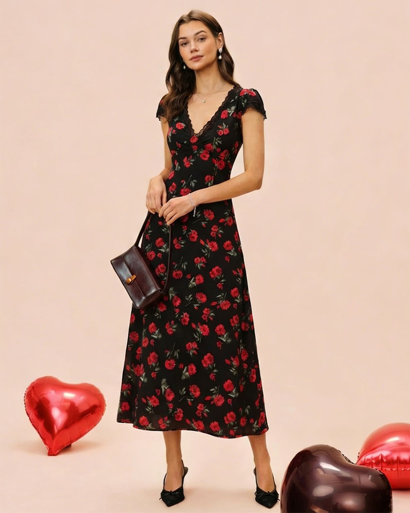Floral Print V-Neck Maxi Dress in Black
