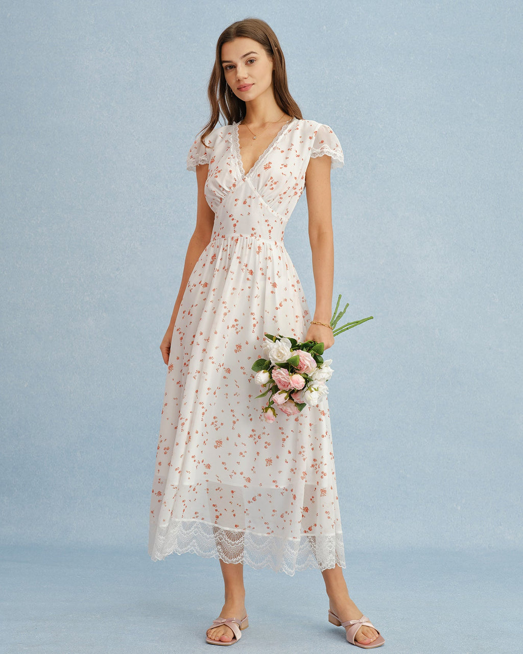Floral Lace Maxi Dress in Off-White with V-Neck Design