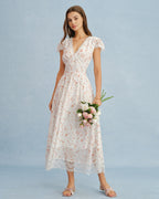 Floral Lace Maxi Dress in Off-White with V-Neck Design