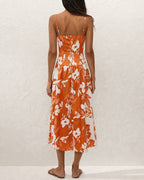 Maxi Dress with A-Line Silhouette and Orange Floral Print