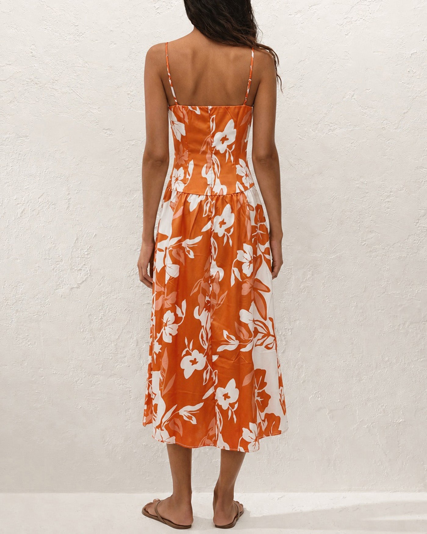 Maxi Dress with A-Line Silhouette and Orange Floral Print
