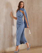 Blue Satin A-Line Maxi Dress with One Shoulder Design