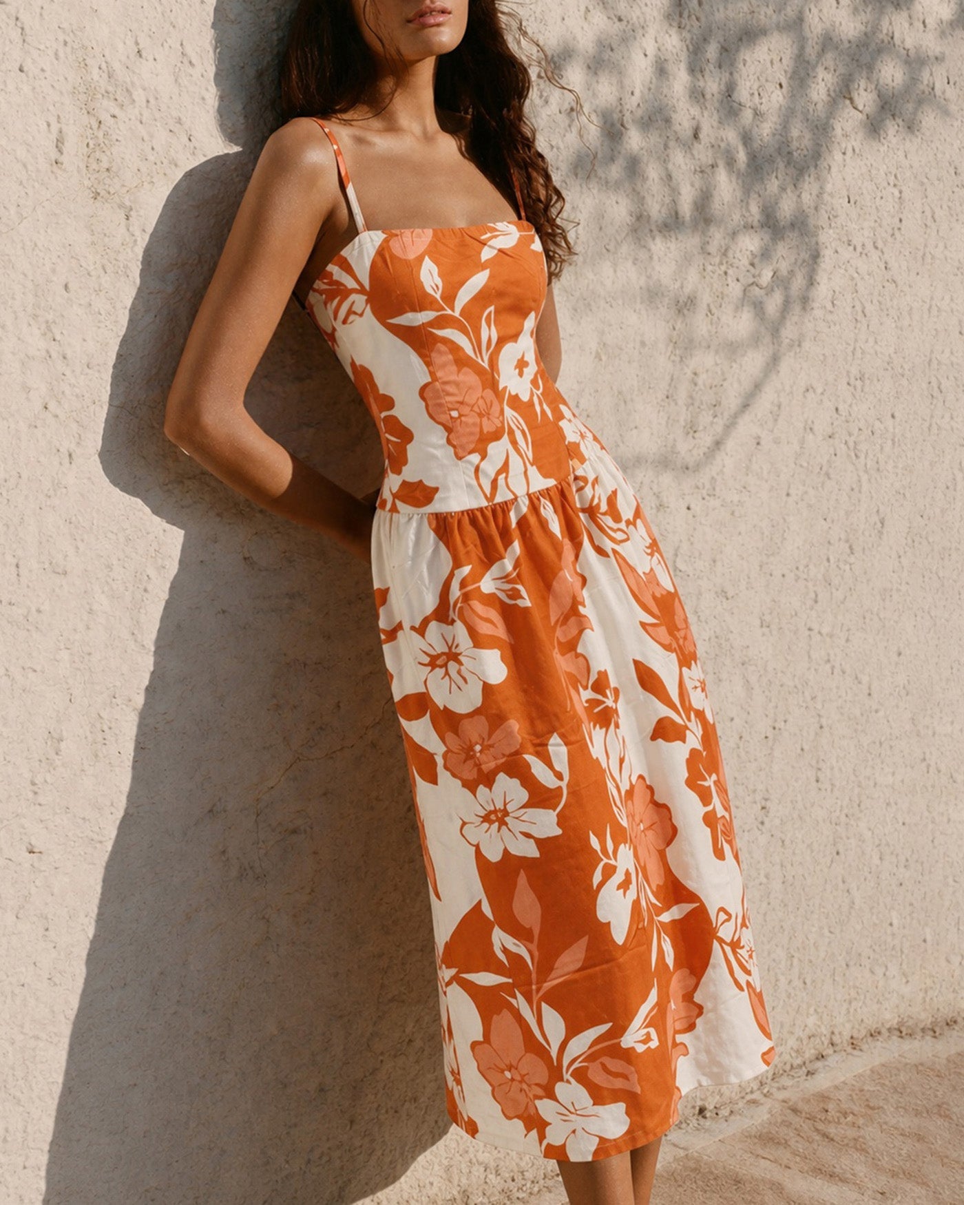 Maxi Dress with A-Line Silhouette and Orange Floral Print