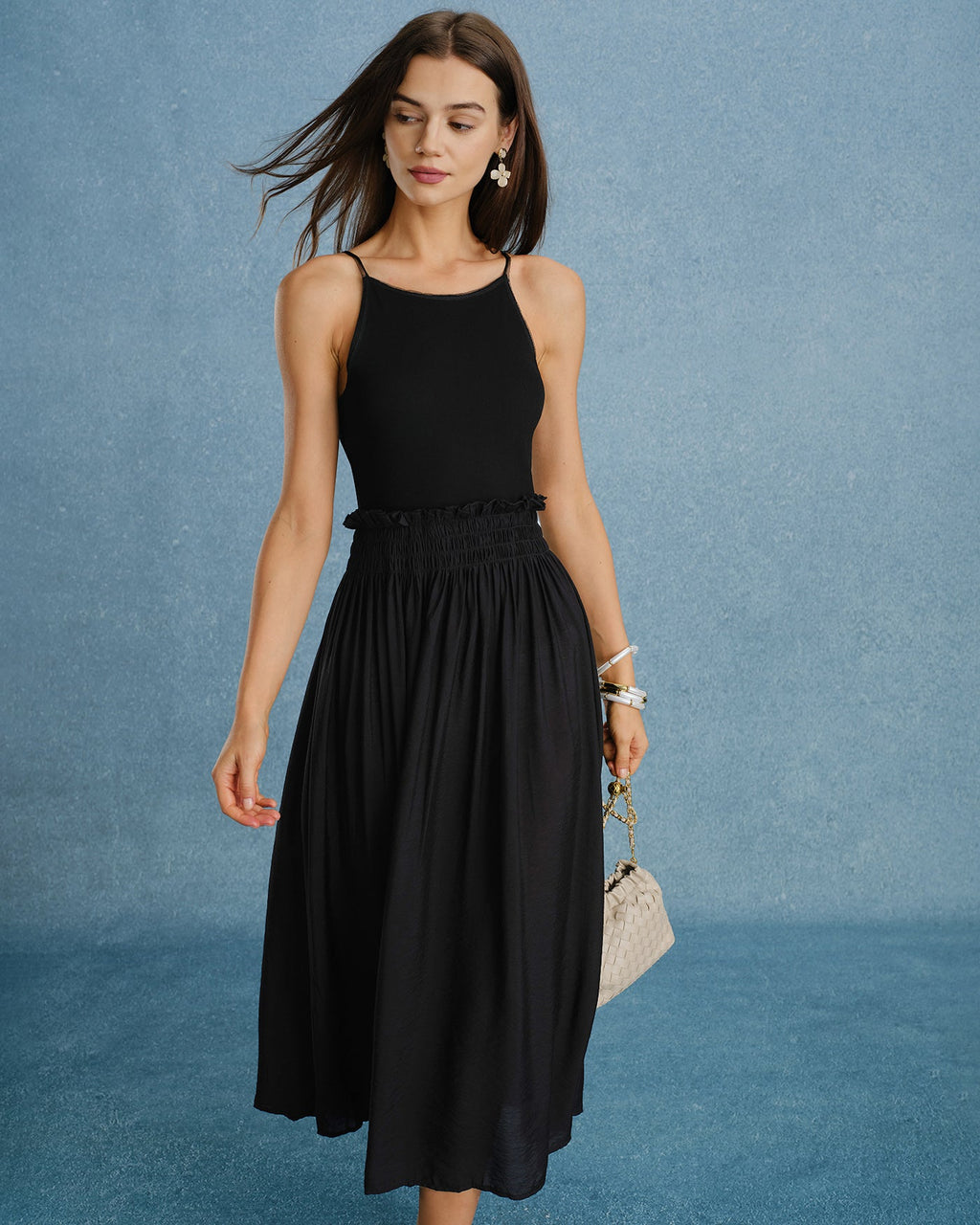 Black Ruched Maxi Dress with Spliced Details