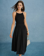Black Ruched Maxi Dress with Spliced Details