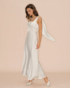 Off-White Satin Maxi Dress with Square Neckline
