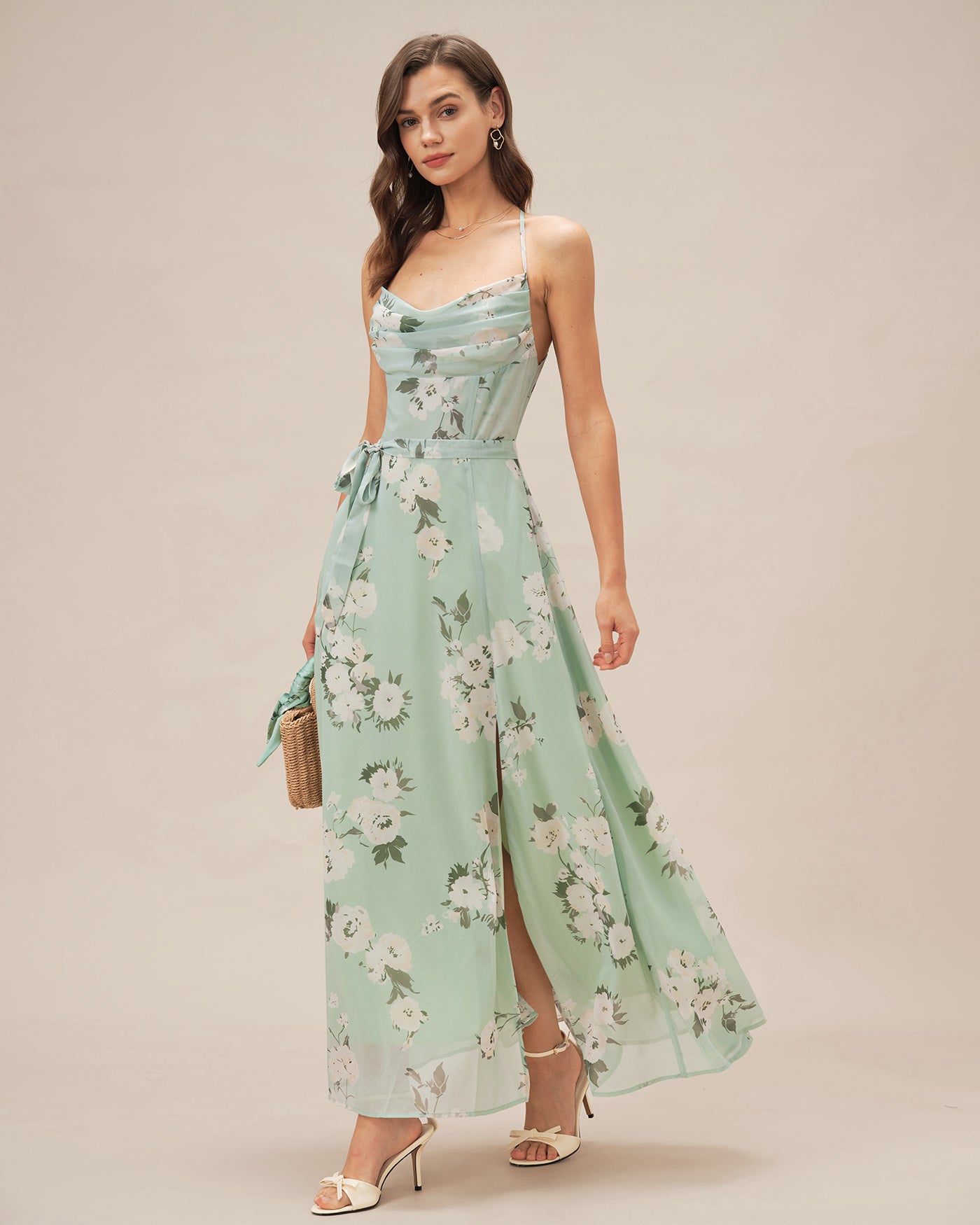 Floral Maxi Dress with Green Cowl Neck