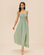 Maxi Dress with Ruffled V-Neck and Tie Detail in Green
