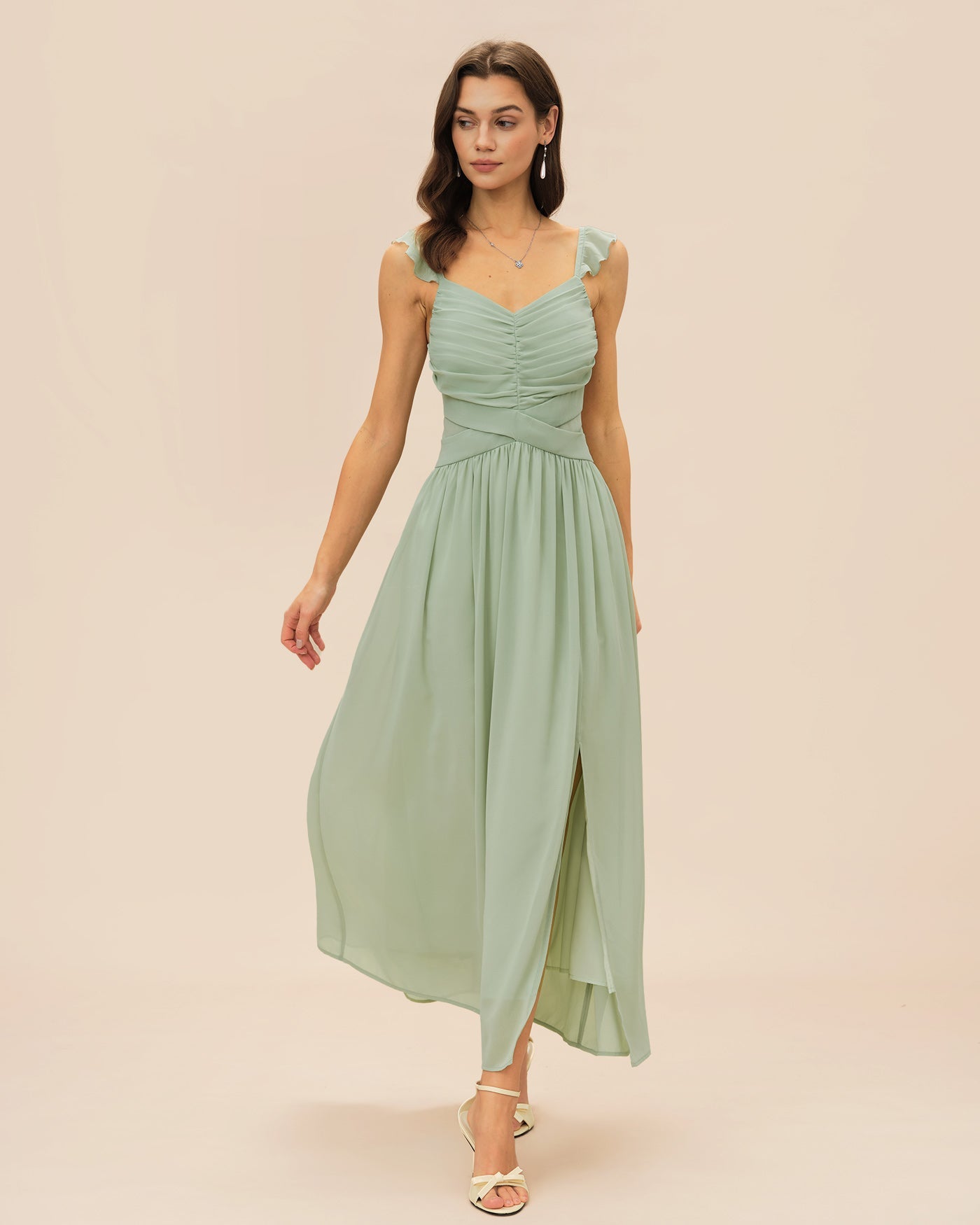 Maxi Dress with Ruffled V-Neck and Tie Detail in Green